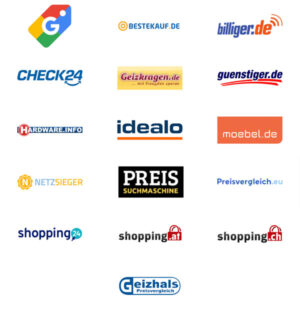 Logos von bekannten Preisvergleichs- und Shoppingportalen im deutschsprachigen Raum, darunter Google Shopping, idealo, CHECK24, billiger.de, Geizhals, guenstiger.de, moebel.de, Preisvergleich.eu, PREISSUCHMASCHINE, BESTEKAUF.DE, shopping24, shopping.at, shopping.ch, NETZSIEGER, Geizkragen.de und Hardware.info
