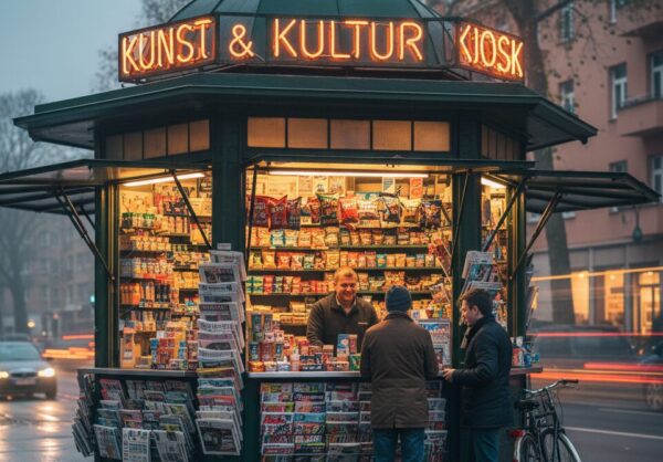 Kiosk mit diversen Waren und Kioskverkäufer an Strassenrand
