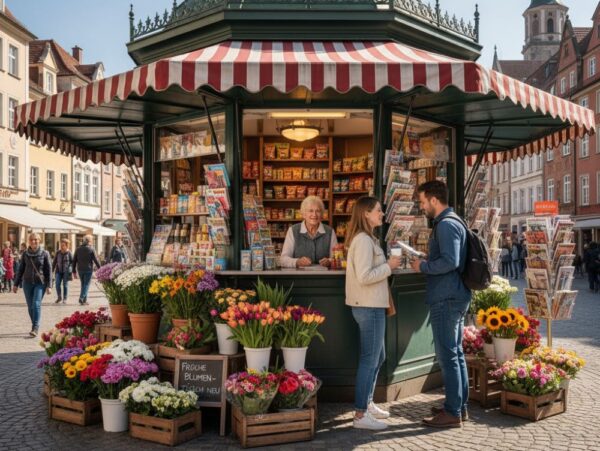 Kiosk mit Inhaberin in lebendiger Innenstadt