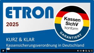 Das Video zeigt, welche Pflichten die KassenSichV für elektronische Kassensysteme in Deutschland mit sich bringt, welche Ausnahmen gelten und wie ETRON onRetail die Umsetzung erleichtert.