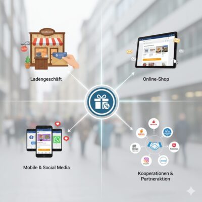 Übersicht der Vertriebskanäle von Gutscheinen - Ladengeschäft, Onlineshop, Mobile & Social Media, Kooperation & Partneraktion