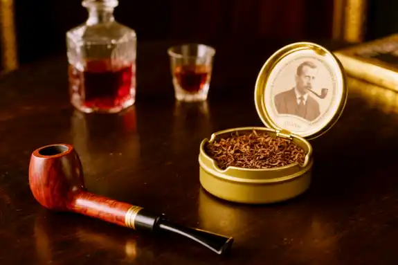 Pfeife und Tabakdose auf Holztisch in einem Tabakladen-Kiosk mit Kassensystem