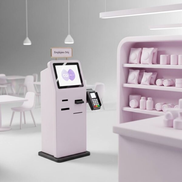 Selbstbedienungskasse für geschlossene Nutzergruppen in einem Mitarbeiterbereich mit Regalen und digitalem Terminal.