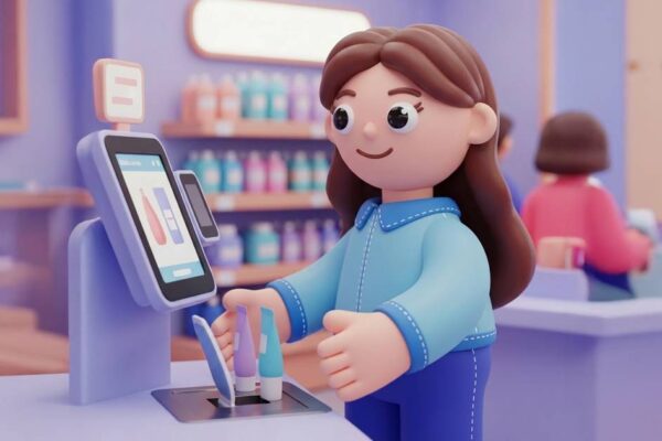 Frau im Laden scannt Produkte an einer modernen Selbstbedienungskasse mit Touchscreen.