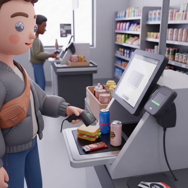 Selbstbedienungskasse im Supermarkt mit Scanner und Touchscreen, Kunde scannt Lebensmittel wie Sandwich, Getränke und Snacks für schnellen Einkauf.