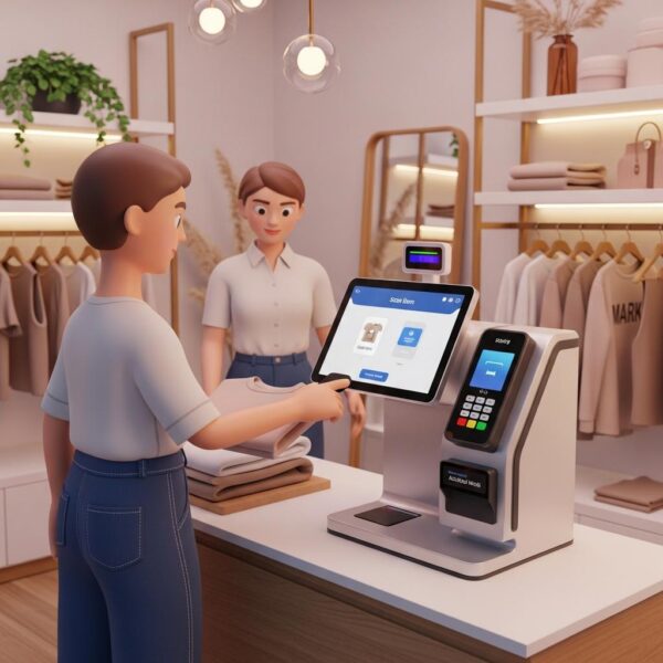 Kunde scannt Kleidung an einer modernen Hybrid-Selbstbedienungskasse in einem Modegeschäft.
