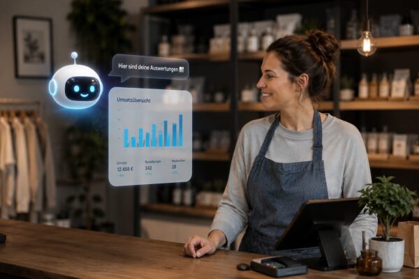 Verkäuferin lächelt KI-Chatbot an welcher eine Auswertung bereitstellt