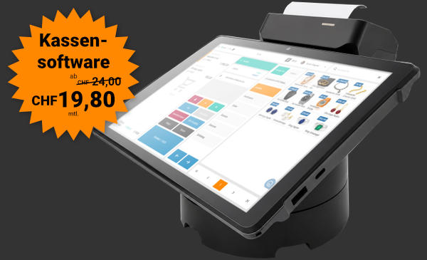 ETRON onRetail Kassensystem: Tablet-Kasse mit integriertem Bondrucker, Scanner und Kartenzahlung. Kassensoftware ab CHF 19,80 mtl.